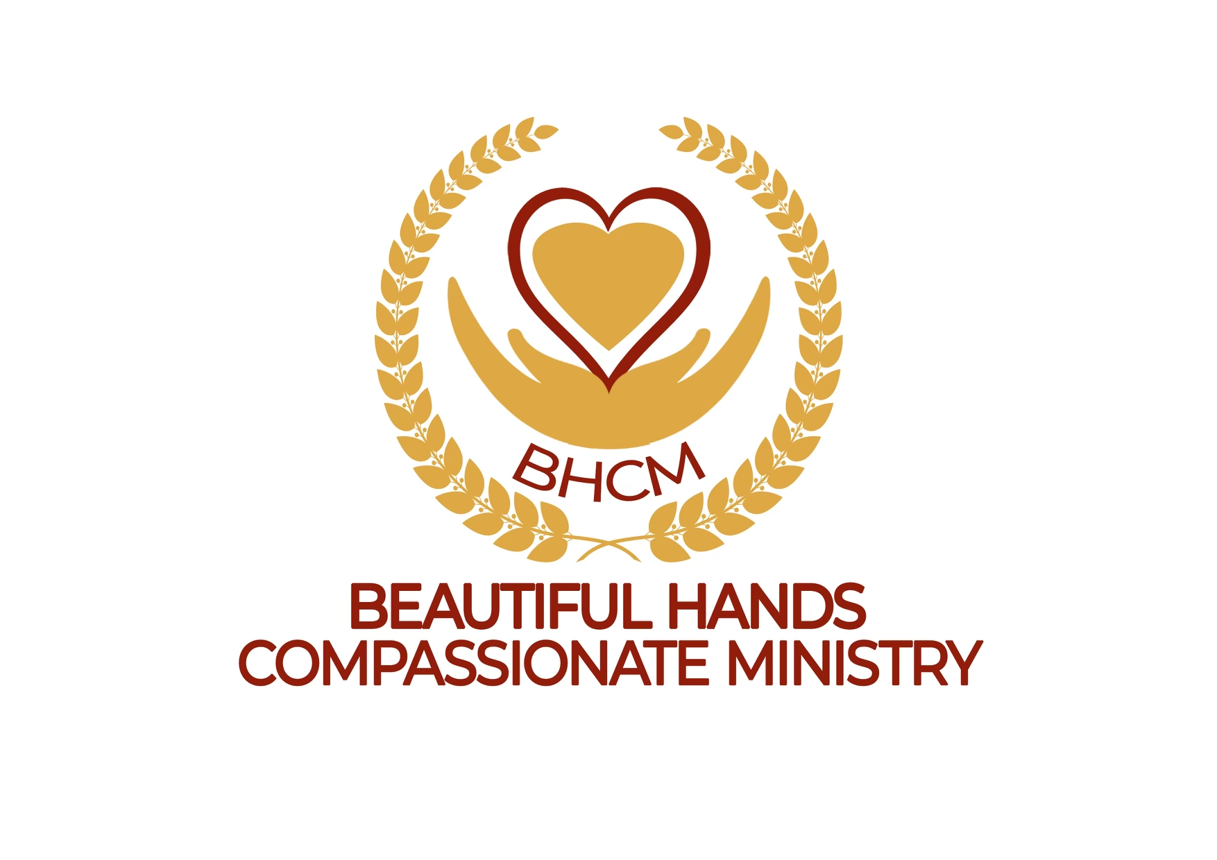 A logo of a heart sitting on a stylized flame, surrounded by laurel leaves. Under the flame, but inside the leaves, are the initials BHCM. Under all of it are the words Beautiful Hands Compassionate Ministry